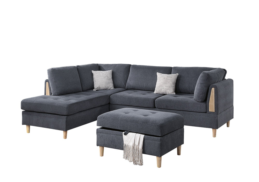 English Elm 3-PCS Reversible Sectional Sofa Set with Tufted Chenille, Storage Ottoman & Accent Pillows, Modern Design Charcoal 35 L x 16 W x 77 H B011S00720
