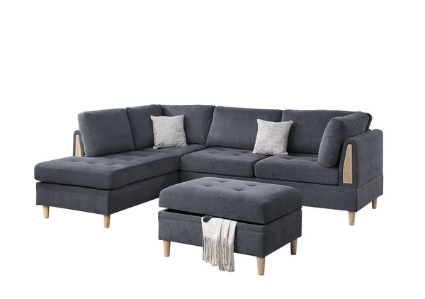 English Elm 3-PCS Reversible Sectional Sofa Set with Tufted Chenille, Storage Ottoman & Accent Pillows, Modern Design Charcoal 35 L x 16 W x 77 H B011S00720