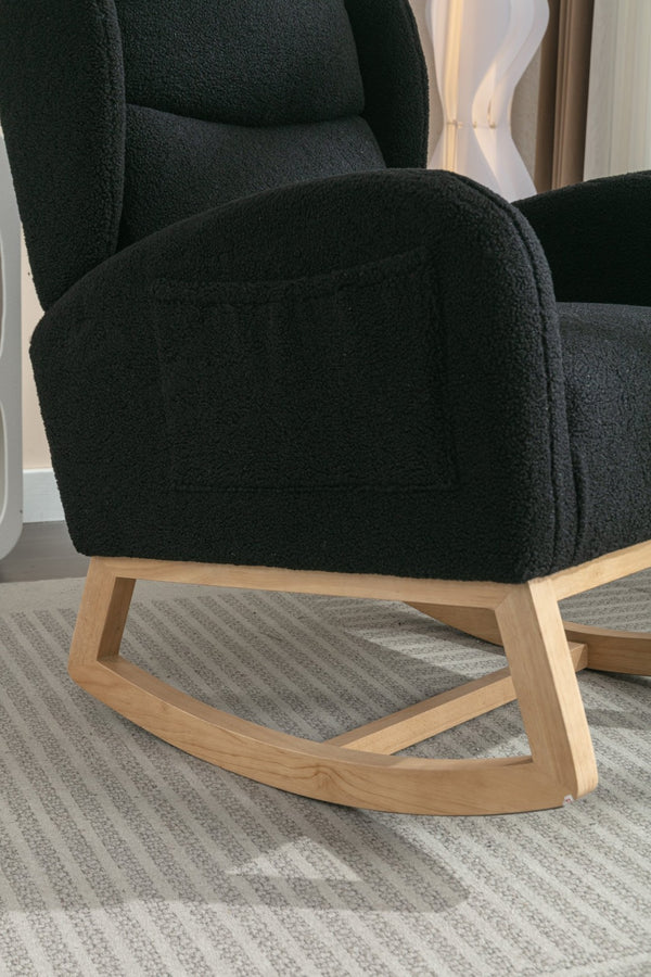 English Elm 049-teddy Plush Wingback Rocking Chair Solid Wood Base Nursery and Living Room Comfort Black W527P147437