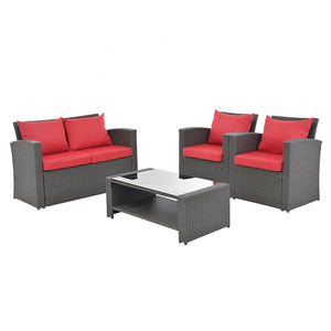 English Elm Patio Furniture Sets - Stylish Red Pe Wicker Lounge Set With Plush Cushions & Tempered Glass Tabletop W1703S00009-GIGA