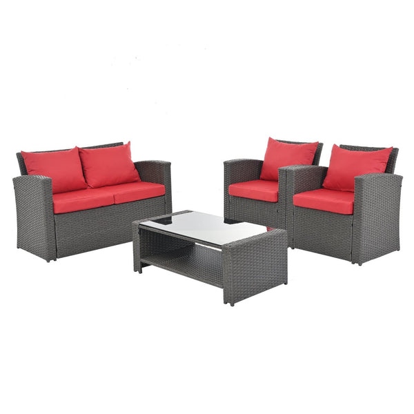English Elm Patio Furniture Sets - Stylish Red Pe Wicker Lounge Set With Plush Cushions & Tempered Glass Tabletop W1703S00009-GIGA