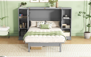 English Elm Queen Wall Bed with Usb Charging Shelves and Drawers for Studio or Guest Room Gray LP000568AAE