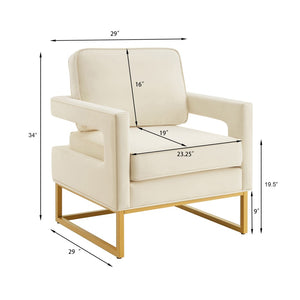 English Elm Modern Velvet Accent Chair with Gold Iron Base Open Arms Glam Living Room Seat Cream W2186P148523