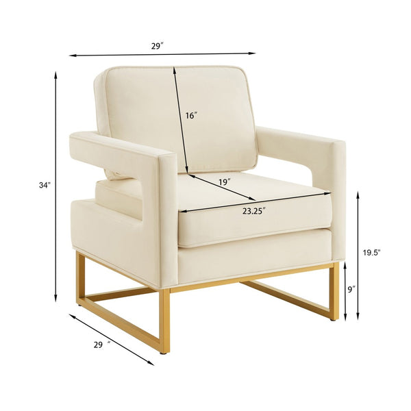 English Elm Modern Velvet Accent Chair with Gold Iron Base Open Arms Glam Living Room Seat Cream W2186P148523