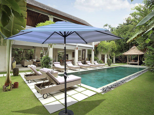 English Elm 9FT Outdoor Patio Umbrella Hexagon Canopy with Crank Lift, Tilt, Wind Vent & UPF40+ Weather Resistant Ice Blue Stripe W656134979