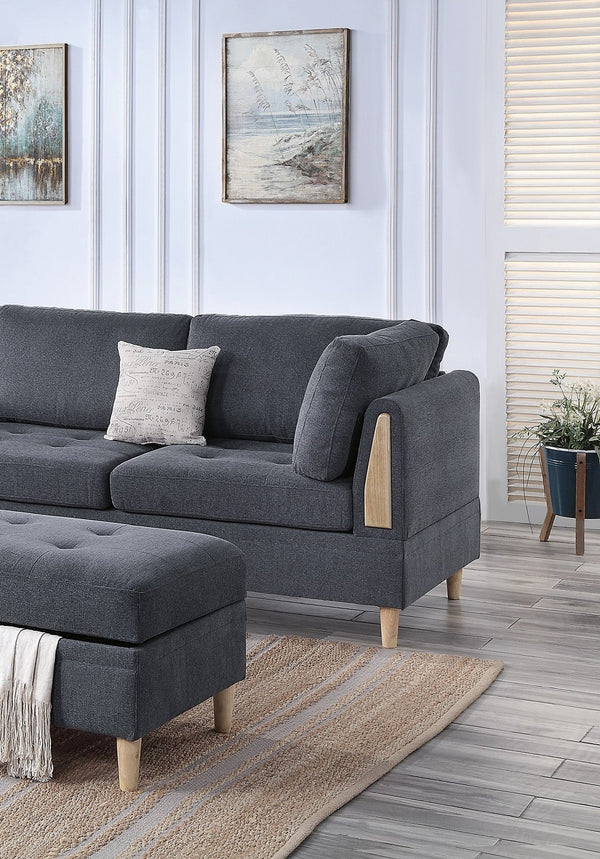 English Elm 3-PCS Reversible Sectional Sofa Set with Tufted Chenille, Storage Ottoman & Accent Pillows, Modern Design Charcoal 35 L x 16 W x 77 H B011S00720