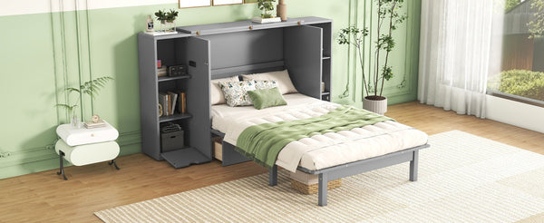 English Elm Queen Wall Bed with Usb Charging Shelves and Drawers for Studio or Guest Room Gray LP000568AAE