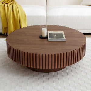 English Elm Natural Ash Tone Round Drum Coffee Table Handcrafted Relief Mdf for Living Room W876P188697