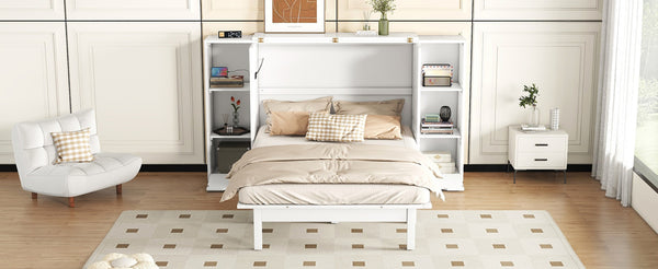 English Elm Queen Wall Bed with Usb Charging Shelves and Drawers for Studio or Guest Room White LP000568AAK
