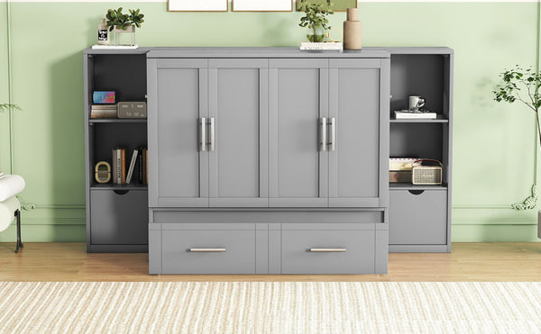 English Elm Queen Wall Bed with Usb Charging Shelves and Drawers for Studio or Guest Room Gray LP000568AAE