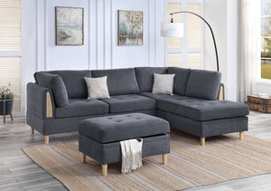 English Elm 3-PCS Reversible Sectional Sofa Set with Tufted Chenille, Storage Ottoman & Accent Pillows, Modern Design Charcoal 35 L x 16 W x 77 H B011S00720