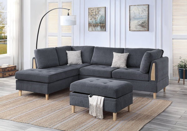 English Elm 3-PCS Reversible Sectional Sofa Set with Tufted Chenille, Storage Ottoman & Accent Pillows, Modern Design Charcoal 35 L x 16 W x 77 H B011S00720