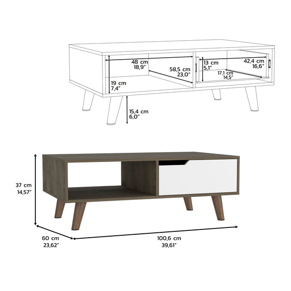English Elm Coffee Solid Wood-Look Coffee Table with One Open Shelf and Drawer, Dark Walnut Finish, Modern Chic Multicolor 44.09 L x 27.95 W x 4.72 H B097133241