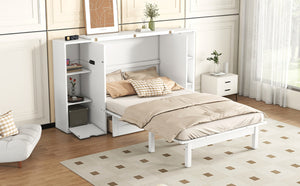 English Elm Queen Wall Bed with Usb Charging Shelves and Drawers for Studio or Guest Room White LP000568AAK