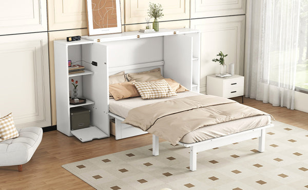 English Elm Queen Wall Bed with Usb Charging Shelves and Drawers for Studio or Guest Room White LP000568AAK