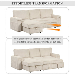 English Elm U_style Sleeper Sectional Sofa with Fold Out Twin Bed Cup Holders and Armrest Pockets Beige WY000372AAA