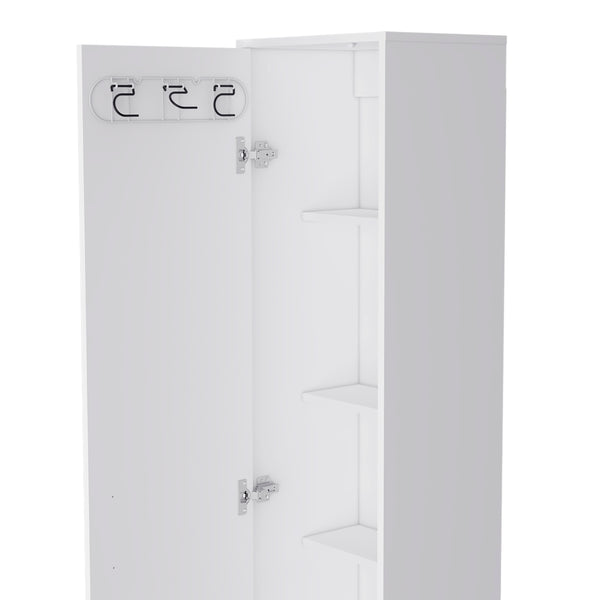 English Elm Laska 70" Tall Storage Cabinet in White — Space-Saving Broom Closet with Hanger & Five Adjustable Shelves B200P239805