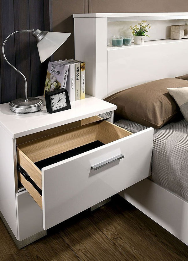 English Elm Contemporary White High-Gloss Nightstand with Chrome Handles & Feet, Felt-Lined Drawer, USB Charger B011P156646
