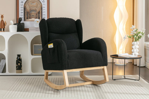 English Elm 049-teddy Plush Wingback Rocking Chair Solid Wood Base Nursery and Living Room Comfort Black W527P147437