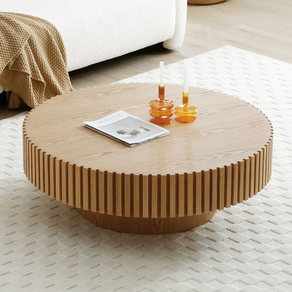 English Elm 35.43'' Round Mdf Pedestal Coffee Table Fluted Sculptural Base for Modern Living Rooms Natural Ash W876P353899