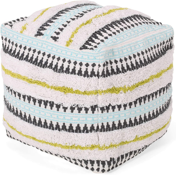 English Elm Christopher Knight Home® - WOVEN Cotton Pouf Multi-Color Handwoven Boho Cube Ottoman, Removable Zipper Cover & Poly Beads - 18" 67867.00