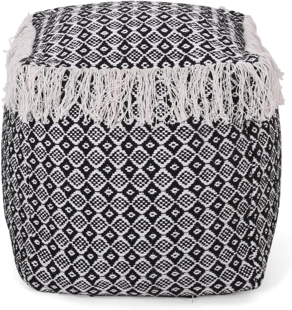 English Elm Christopher Knight Home® - WOVEN Cotton Pouf White+Black Boho Handwoven Diamond Tasseled Cube, Removable Zip Cover, 18" 67863.00