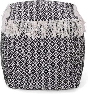 English Elm Christopher Knight Home® - WOVEN Cotton Pouf White+Black Boho Handwoven Diamond Tasseled Cube, Removable Zip Cover, 18" 67863.00