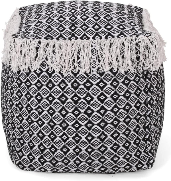 English Elm Christopher Knight Home® - WOVEN Cotton Pouf White+Black Boho Handwoven Diamond Tasseled Cube, Removable Zip Cover, 18" 67863.00