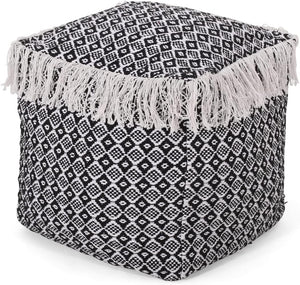 English Elm Christopher Knight Home® - WOVEN Cotton Pouf White+Black Boho Handwoven Diamond Tasseled Cube, Removable Zip Cover, 18" 67863.00