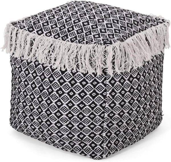 English Elm Christopher Knight Home® - WOVEN Cotton Pouf White+Black Boho Handwoven Diamond Tasseled Cube, Removable Zip Cover, 18" 67863.00