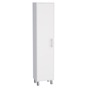 English Elm Storage Cabinet with Four Interior Shelves, Three Broom Hangers, Metal Legs for Organized Storage White 69.68 L x 20.07 W x 3.54 H B097133240