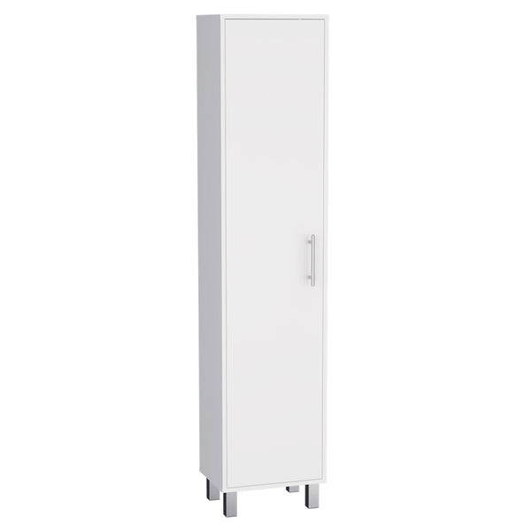 English Elm Storage Cabinet with Four Interior Shelves, Three Broom Hangers, Metal Legs for Organized Storage White 69.68 L x 20.07 W x 3.54 H B097133240