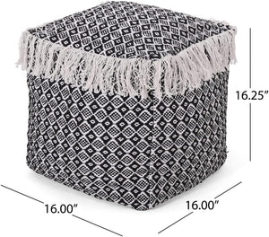 English Elm Christopher Knight Home® - WOVEN Cotton Pouf White+Black Boho Handwoven Diamond Tasseled Cube, Removable Zip Cover, 18" 67863.00