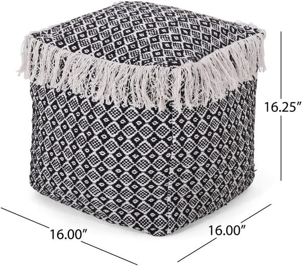 English Elm Christopher Knight Home® - WOVEN Cotton Pouf White+Black Boho Handwoven Diamond Tasseled Cube, Removable Zip Cover, 18" 67863.00