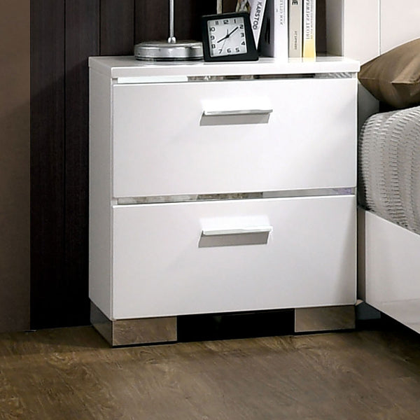 English Elm Contemporary White High-Gloss Nightstand with Chrome Handles & Feet, Felt-Lined Drawer, USB Charger B011P156646