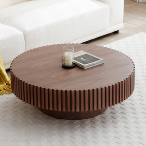 English Elm Natural Ash Tone Round Drum Coffee Table Handcrafted Relief Mdf for Living Room W876P188697