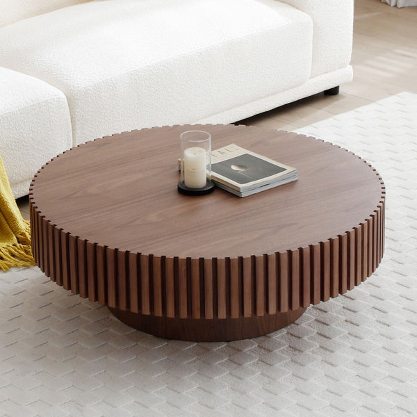 English Elm 35.43'' Round Mdf Pedestal Coffee Table Fluted Sculptural Base for Modern Living Rooms Walnut W876P353901