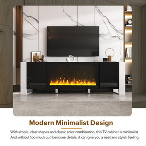 English Elm On-trend Gloss Media Console with Built-in Electric Fireplace for Living Rooms Black SD000029AAB