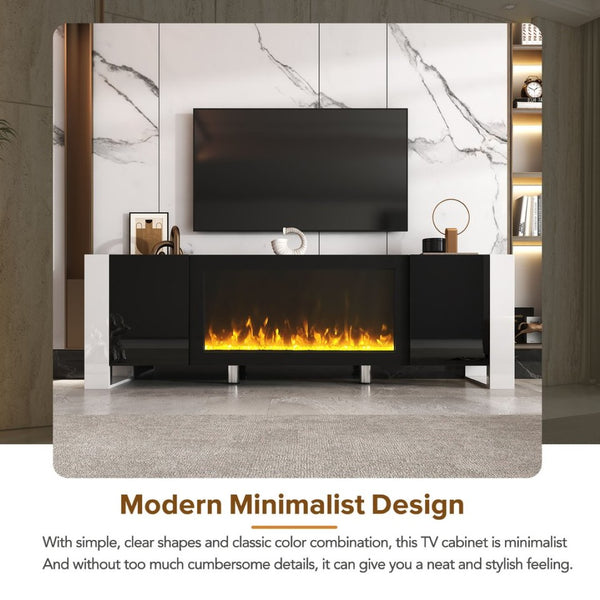 English Elm On-trend Gloss Media Console with Built-in Electric Fireplace for Living Rooms Black SD000029AAB