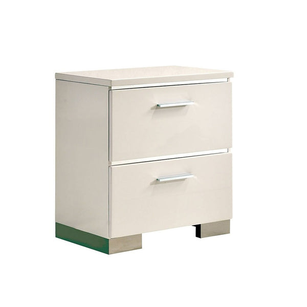 English Elm Contemporary White High-Gloss Nightstand with Chrome Handles & Feet, Felt-Lined Drawer, USB Charger B011P156646