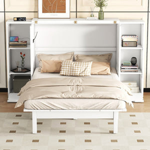English Elm Queen Wall Bed with Usb Charging Shelves and Drawers for Studio or Guest Room White LP000568AAK