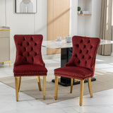 English Elm Nikki Collection Modern, High-End Tufted Solid Wood Contemporary Velvet Upholstered Dining Chair With Golden Stainless Steel Plating Legs,Nailhead Trim,Set Of 2,Wine Red and Gold, Sw1601Wr,Burgundy