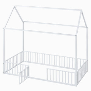 English Elm Twin Metal House Bed with Roof, Fence & Door — Enclosed Playful Twin Frame for Imaginative Kids Sleeps White MF315932AAK