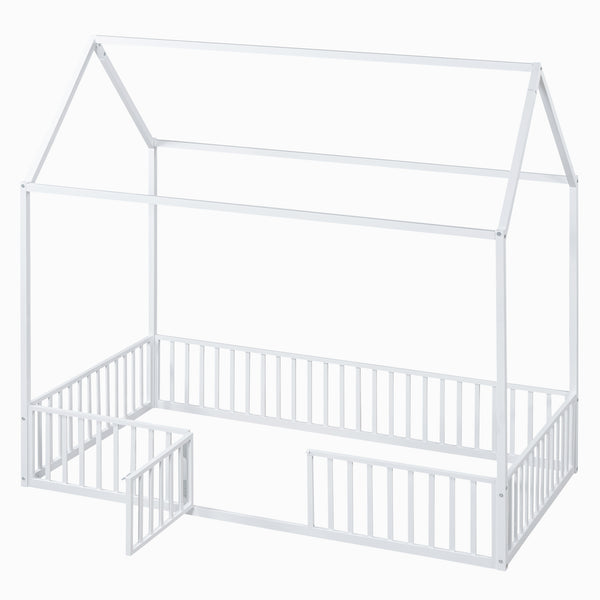English Elm Twin Metal House Bed with Roof, Fence & Door — Enclosed Playful Twin Frame for Imaginative Kids Sleeps White MF315932AAK