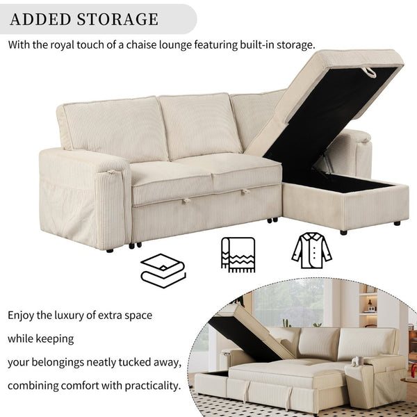 English Elm U_style Sleeper Sectional Sofa with Fold Out Twin Bed Cup Holders and Armrest Pockets Beige WY000372AAA