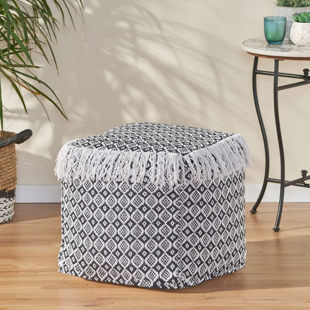 English Elm Christopher Knight Home® - WOVEN Cotton Pouf White+Black Boho Handwoven Diamond Tasseled Cube, Removable Zip Cover, 18" 67863.00