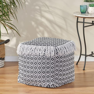 English Elm Christopher Knight Home® - WOVEN Cotton Pouf White+Black Boho Handwoven Diamond Tasseled Cube, Removable Zip Cover, 18" 67863.00