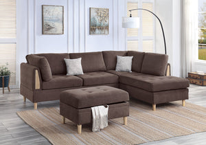 English Elm 3-PCS Reversible Sectional Sofa Set with Tufted Chenille, Storage Ottoman & Accent Pillows, Modern Design Chocolate 35 L x 16 W x 77 H B011S00721