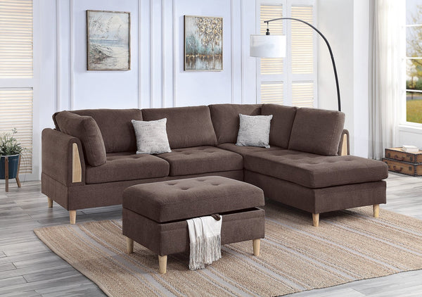 English Elm 3-PCS Reversible Sectional Sofa Set with Tufted Chenille, Storage Ottoman & Accent Pillows, Modern Design Chocolate 35 L x 16 W x 77 H B011S00721