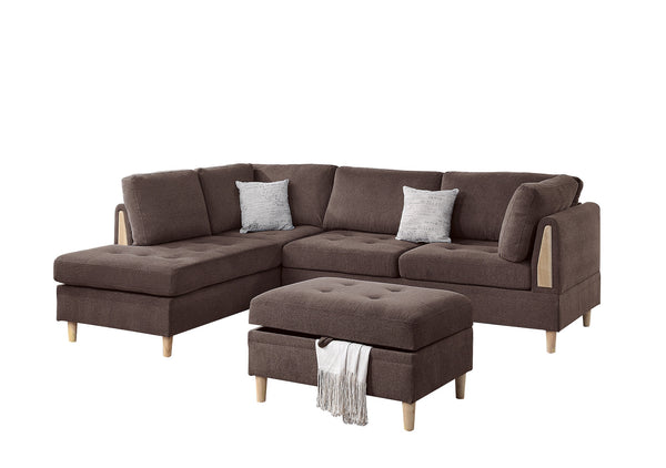 English Elm 3-PCS Reversible Sectional Sofa Set with Tufted Chenille, Storage Ottoman & Accent Pillows, Modern Design Chocolate 35 L x 16 W x 77 H B011S00721